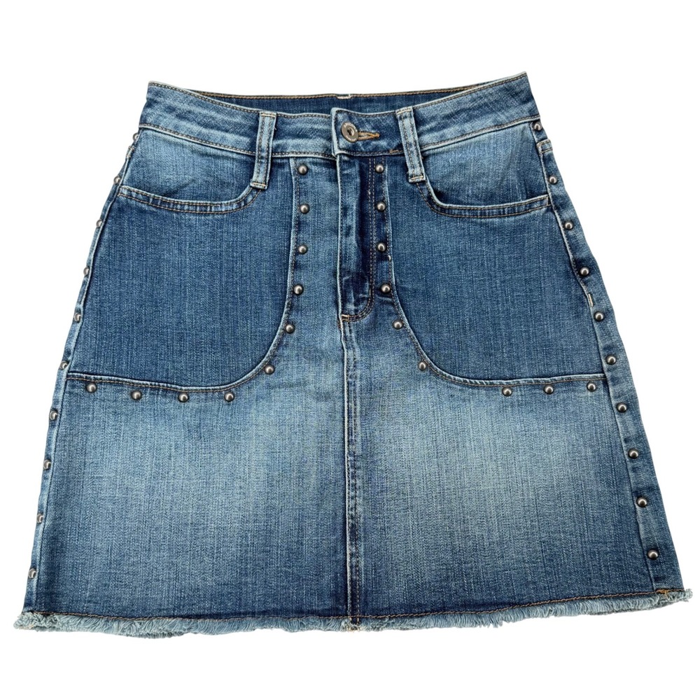 Arizona Jean Co Y2K Studded Denim Mini Skirt Womens Size 3 Frayed Hem Western